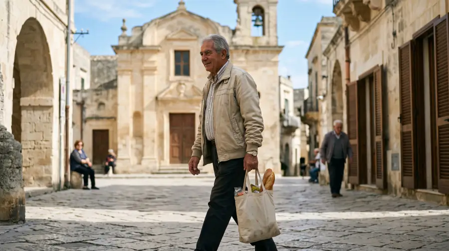 Un uomo sulla settantina attraversa la piazza soleggiata di un paese del Sud con una borsa della spesa.