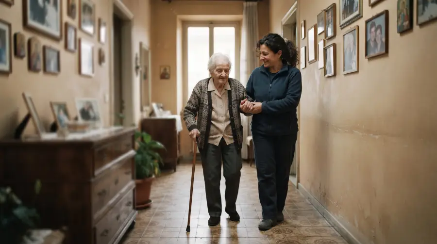 Un'assistente familiare aiuta un'anziana con il bastone a camminare nel corridoio di casa.