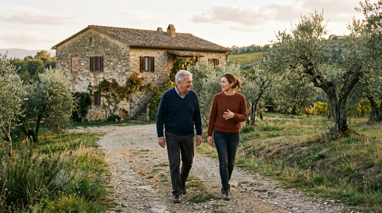Un padre sulla settantina e la figlia passeggiano davanti a un casale in pietra tra gli ulivi.