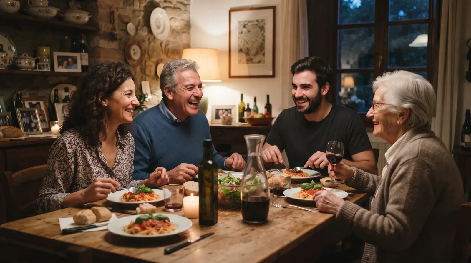 Una famiglia di tre generazioni cena insieme nella sala da pranzo di casa, alla luce della lampada.