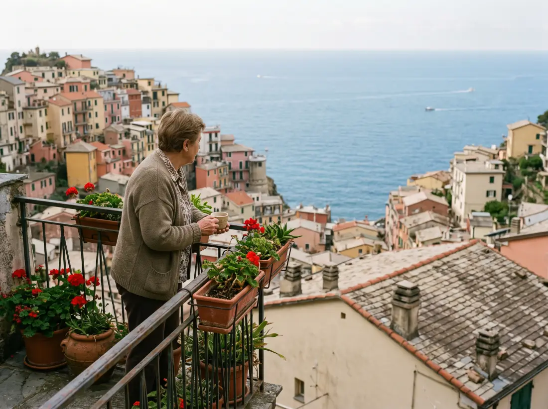 Una donna sulla settantina con una tazza di caffè sul balcone fiorito di una cittadina ligure.