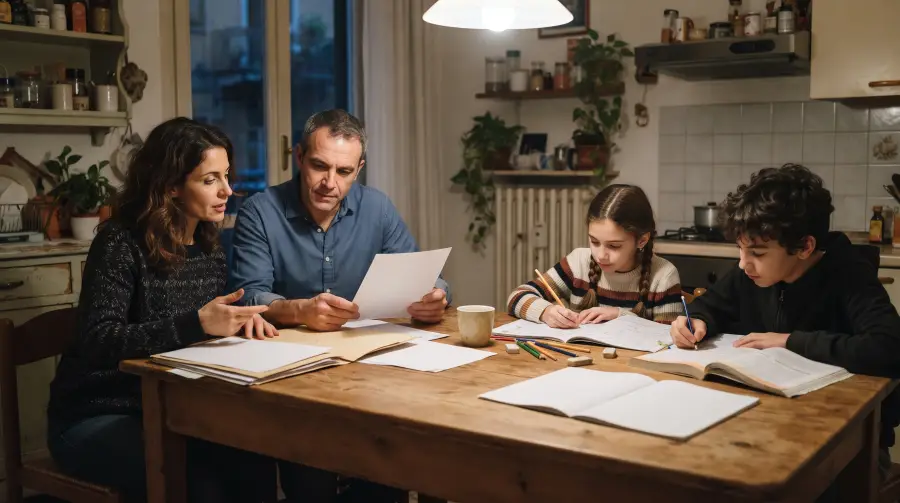 Una coppia sulla quarantina esamina dei documenti al tavolo di cucina mentre i figli fanno i compiti.