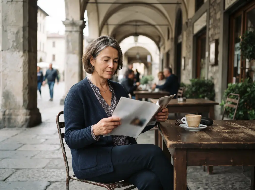 Una donna sulla sessantina legge una rivista al tavolino di un caffè sotto i portici.