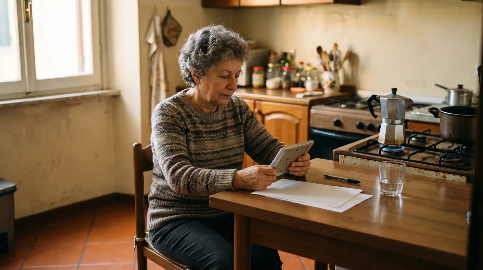 Una donna sulla settantina seduta al tavolo di cucina guarda una piccola fotografia incorniciata.
