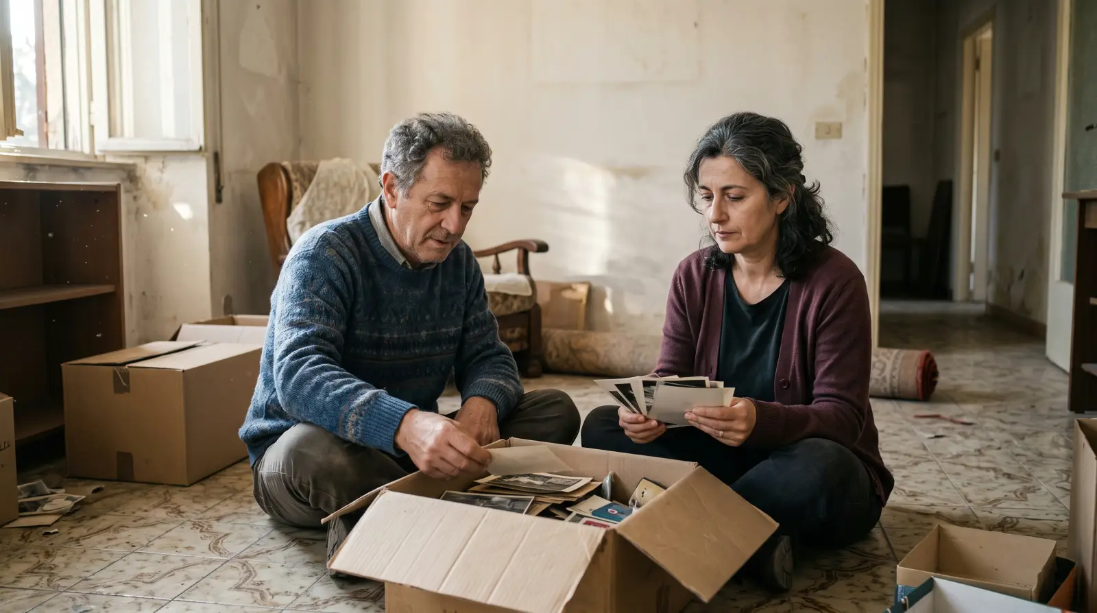 Un fratello e una sorella sulla cinquantina guardano in una scatola di ricordi nella casa dei genitori.