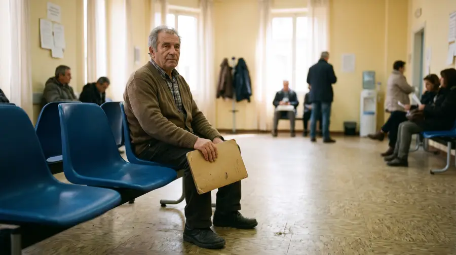 Un uomo sulla sessantina attende con una cartellina sulle ginocchia nella sala d'attesa di un ambulatorio.